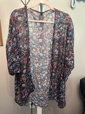 Sheer Charcoal Floral Kimono with Pink & Blue Blooms